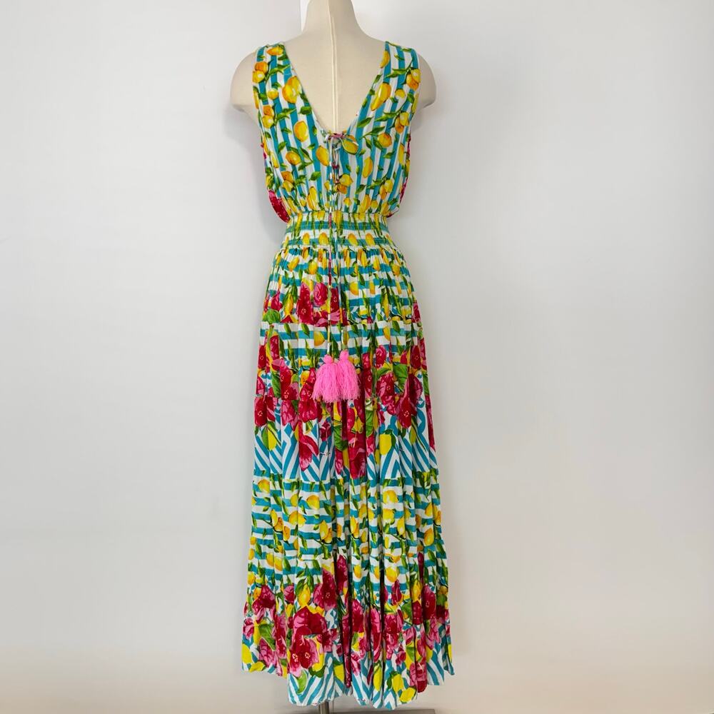 Antica Sartoria Lemon Floral Print Maxi Dress Sleeveless Tiered OS - Picture 8 of 12